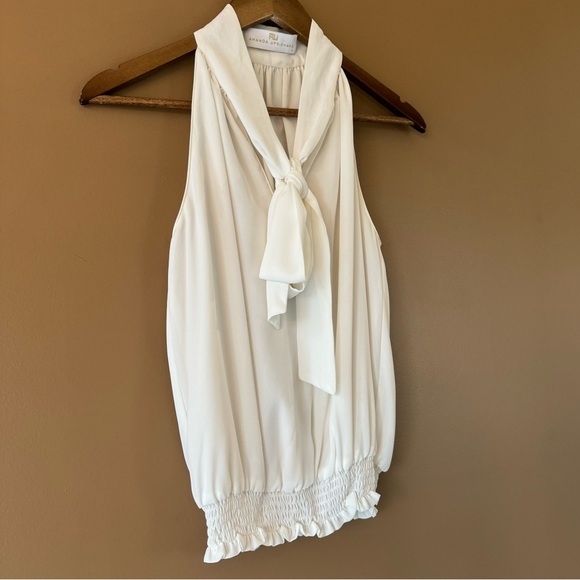 Amanda Uprichard Sleeveless Blouse Tie Neck Smocked Hem Small Off White - Picture 4 of 7